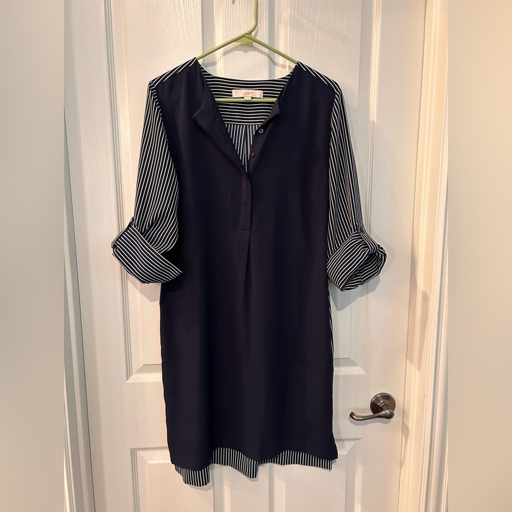 Loft, Button Front, Navy Solid And Striped Dress,… - image 1